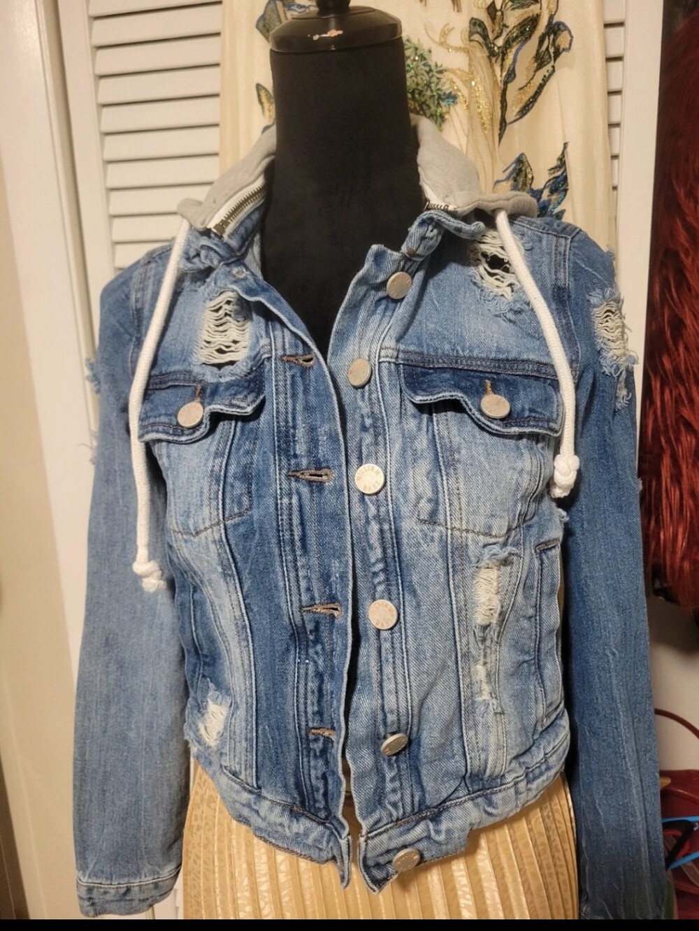 William Rast Light Blue Distressed Denim Jacket with Gray Hoodie